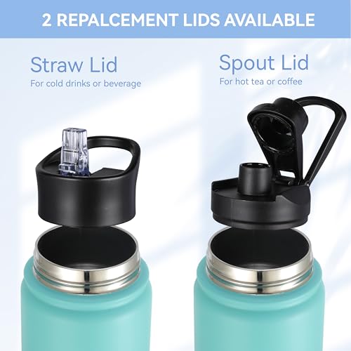 Insulated Water Bottle 22 oz Double Wall Stainless Steel Water Bottle Wide Mouth with Straw Lid & Spout Lid Keeps Cold or Hot