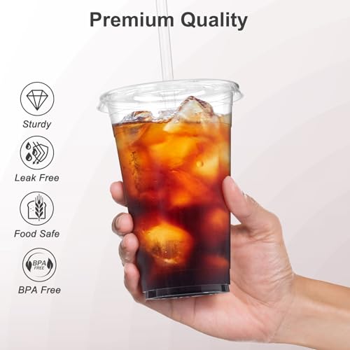 100 Pack 24 oz Clear Plastic Cups with Lids and Straws (100 Count)