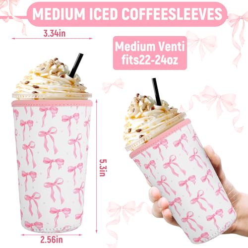 8 Pcs Pink Bow Iced Coffee Sleeve Reusable Neoprene Insulatord Cup Sleeve Coquette Bow Reusable Coffee Insulator Sleeves Holder for Cold Beverages Cups Cold and Hot Drinks