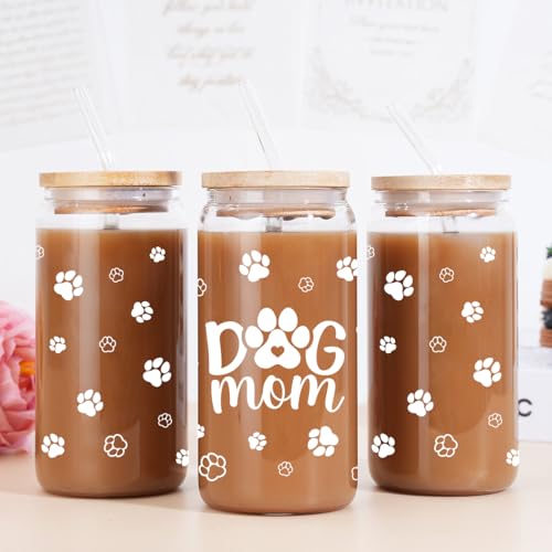 Dog Mom Cup 16 Oz Can Glass Coffee Mug with Bamboo Lid & Straw