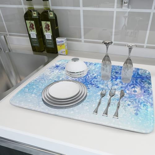 18"x24" Winter Blue Snowflakes Dish Drying Mat Christmas Snow Falling Nature Ice Dish Drainer Mats for Kitchen Microfiber Reversible Dish Drying Rack Pad for Countertop Tabletop Decor