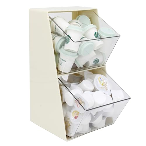 Coffee Pod Holder with 2 Large Capacity Basket K Cup Storage Container Coffee Bar Accessories for Creamer Suger Plastic Desk Box Tea Bag Organizer Creamy White