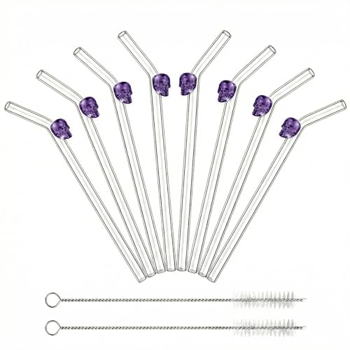 8 Pack Purple Skull Glass Straws with Charms (10 Count)