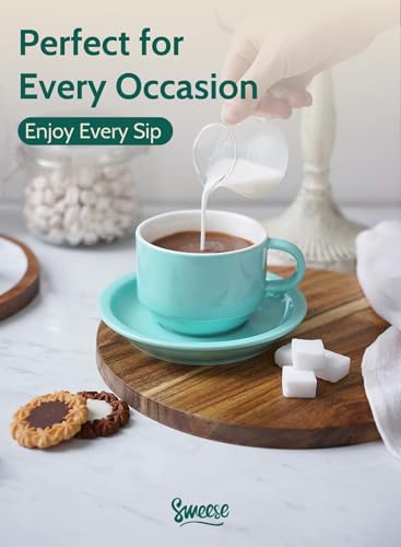 8 Ounce Porcelain Stackable Cappuccino Cups with Saucers and Metal Stand