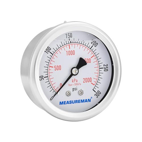 2-1/2 inch Dial Size, Liquid Filled Pressure Gauge, 0-300psi/2000kpa, 304 Stainless Steel Case, 1/4 inch NPT Back Mount