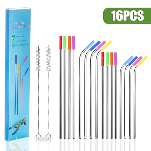 16 Pcs Metal Straw Reusable 8.5" 10.5" 6mm Stainless Steel Straws for Tumblers 20oz (16 Count)