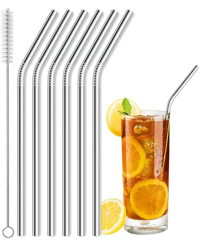6 Pcs Reusable Stainless Steel Metal Straws & Cleaning Brush (6 Count)