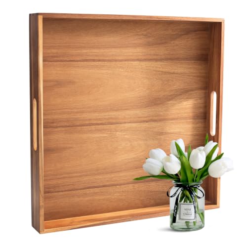 Large Wooden Serving Tray for Ottoman Wooden Ottoman Tray 20INCH Acacia Square Tray with Handles Wooden Coffee Table Tray Multi