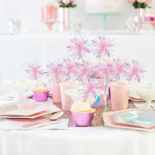 30 PCS Foil Firework Cupcake Toppers Happy Birthday Cupcake Toppers Sparkle Tinsel Flower Drink Stirrers Cocktail Fruit Toothpicks for Valentine's Day Baby Shower Party Cake Decor Supplies Pink (30 Count)