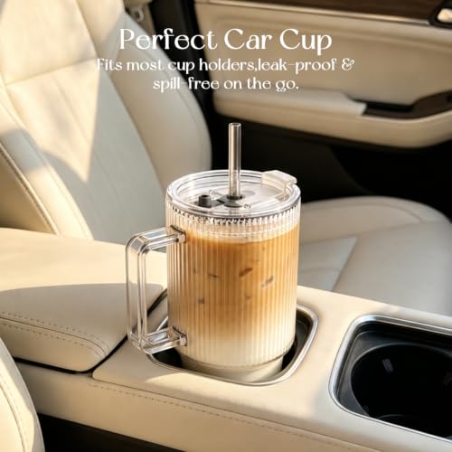 24oz Ribbed Glass Cups with Lid & Straws