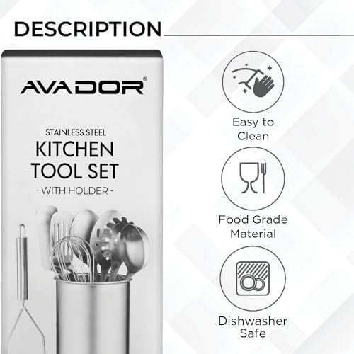 Premium Set of 10 Stainless Steel Kitchen Tool Set with Holder Easy To Clean (10 Count)