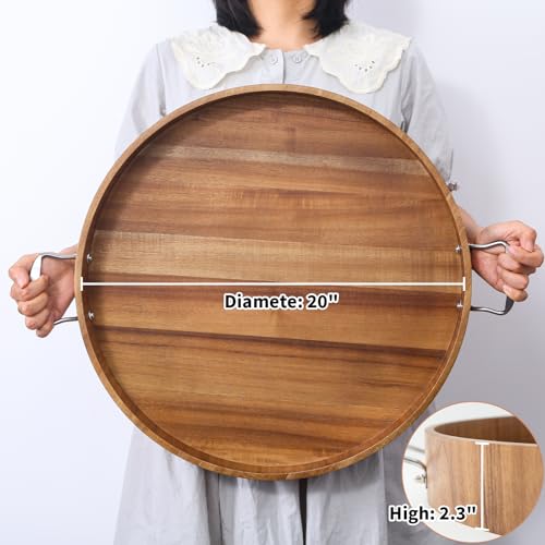 Large Round Tray 20" Round Wooden Tray Ottoman Tray with Handles Elegance and Easy to Pick Up