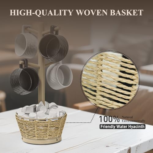 Wood Mug Holder Tree with Woven Basket