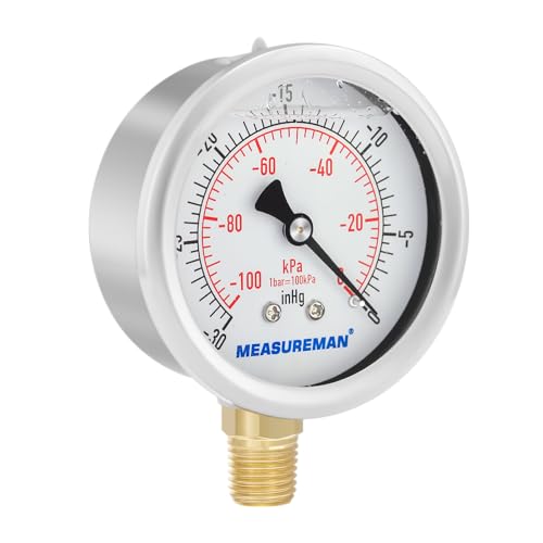 2-1/2" dial,Glycerin Filled, Stainless Steel case, Brass Inside, 30inHg/-100kpa-0,1/4" NPT Lower Mount