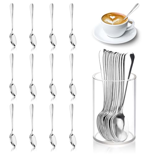 12 Pcs Mini Coffee Spoons with Holder 4.7 inch Demitasse Espresso Stainless Steel Spoon Tea Spoons set of 6 with Acrylic Cylinder Holder Small Coffee Spoon Silver for Cafe Bar Tea Party Home (6 Count)