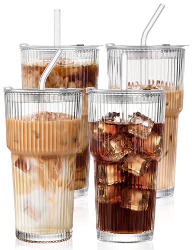 20 oz with Lids and Straws Ribbed Glass Cup Set of 4 (4 Count)