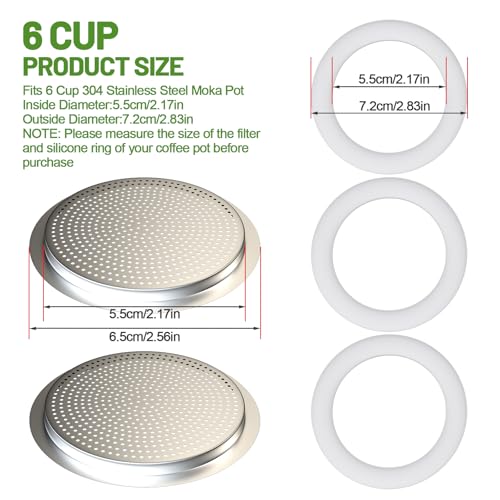 2 Pcs Filter with 3 Pcs Silicone Gasket Seals for 6 Cup Stovetop Espresso Coffee Maker Replacement Parts for 304 Stainless Steel Moka Pot (5 Count)