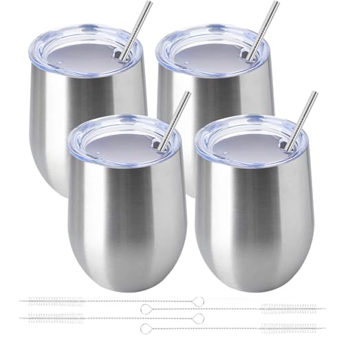 12oz 4 Pack Wine Tumbler Glasses with Lid Stemless Double Wall Vacuum Stainless Steel Travel Tumbler Keeping Cold & Hot for Wine