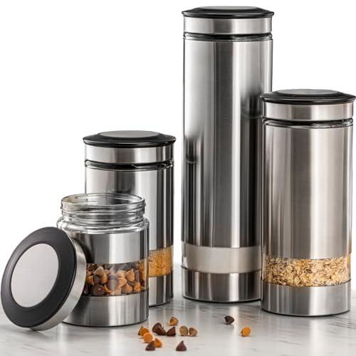 Airtight Glass Canister Set of 4 with Stainless Steel Sleeve for Kitchen Counter (4 Count)