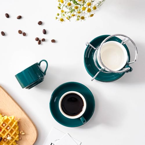2.5 Ounce Stackable Espresso Cups with Saucers and Metal Stand (4 Count)