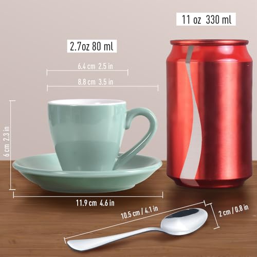 Porcelain Espresso Shot Cup Set with Saucers and Stainless Steel Spoons (4 Count)