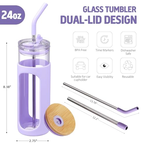 24oz Glass Tumbler with 2 Lids and Straws