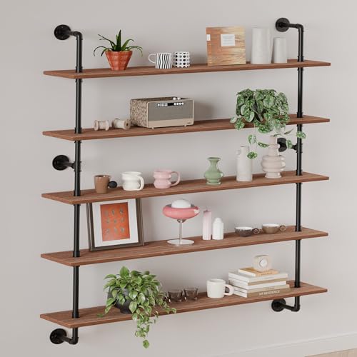 Floating Shelves for Wall Bookshelf Industrial Pipe Shelving Shelves 48 Inch 5 Tier Natural Wood Planks Rustic Wall Shelves Hanging Bookshelves Farmhouse Kitchen Shelving (5 Count)