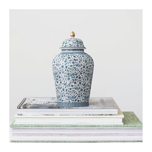 12inches flower Ginger Jar with Lid Chinese Decorative blue Ceramic
