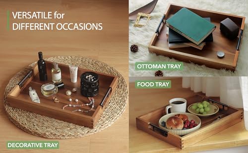 Acacia Wood Ottoman Tray with Handles 16.7" x 12.8"