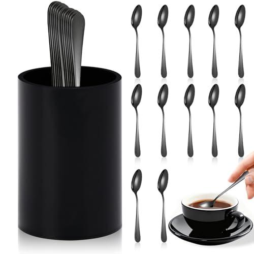 12 PCS Black Coffee Spoons with Holder 4.92 Inch Mini Coffee Spoons Small Espresso Coffee SpoonsBlack Dessert Spoons Stainless Steel Tea Spoons Set of 12 for Tea Party Coffee Bar