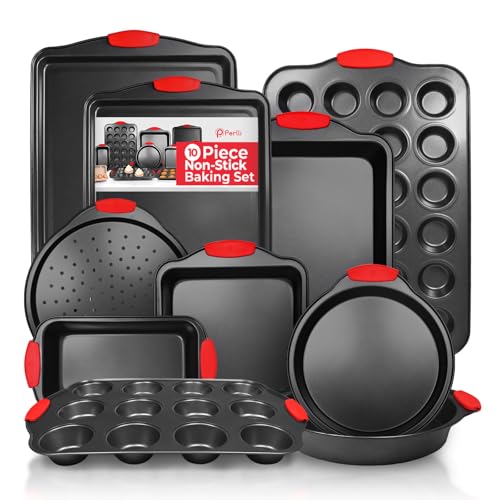 Non-Stick 10-Piece Baking Pan Set, BPA-Free Carbon Steel Bakeware Set with Silicone Handles, Stackable Kitchen Oven Set, Cookie Sheet, Baking Tray, Baking Sheet Set, Oven Safe (446°F) (10 Count)