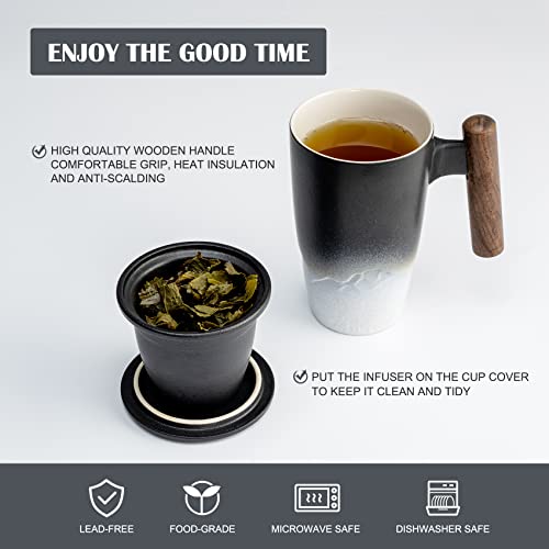 Tomotime Ceramic Tea Cup with Infuser and Lid Tea Mugs Wooden Handle 400ml