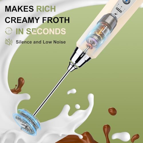 Beige Handheld Milk Frother Wand with Stand for Coffee