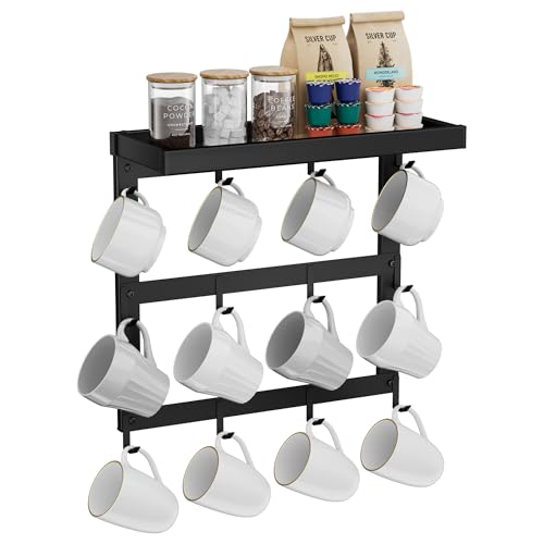 Coffee Mug Rack Wall Mounted with 12 Hooks and Shelf Cup Storage Holder