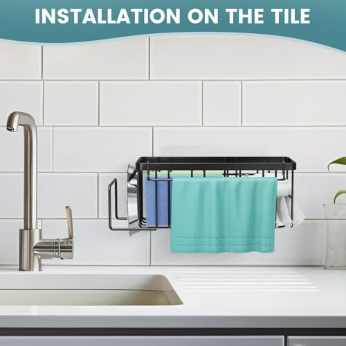 4-in-1 Sponge Holder for Kitchen Sink, Sink Caddy Organizers and Storage with Adhesive Hook & Suction Cups, Rustproof Kitchen Sink Organizer for Home Decor - Black
