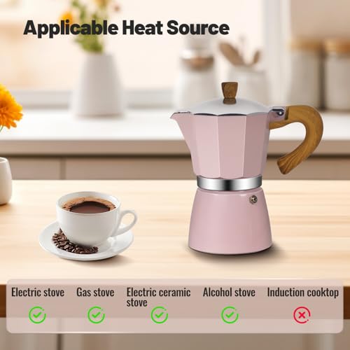 6 Cup Aluminum Moka Pot Classic Stovetop Espresso Coffee Maker 300ml 10oz Coffeemaker Percolator Mocha Pot Greca Coffee Maker Cafe Makers for Italian and Cuban Café Brewing Pink