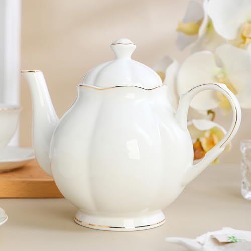 34oz White Porcelain Teapot with Gold Trim