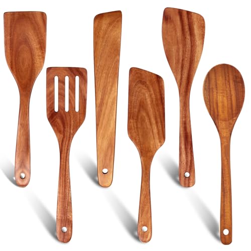 Flat Wood Spatula Set Teak Wooden Spoon for Cooking Utensils Slotted Turner (6 Count)
