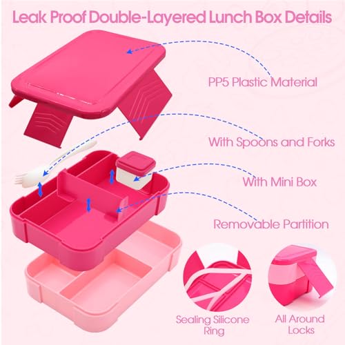 Pink Lunch Box for Girl with 10oz Thermo 6 Compartment Bento Set