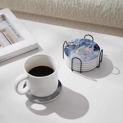 Set of 6 Navy Blue Marble Coasters with Holder (6 Count)