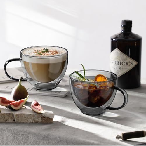 Black Double Walled Glass Coffee Mug 12 oz Cappuccino Cups Set of 2 (2 Count)