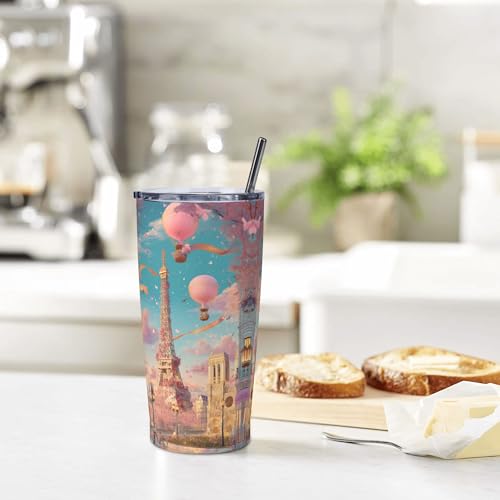 Paris Eiffel Tower Tumbler with Lid and Straw 20oz Coffee Tumblers Leakproof Stainless Steel Travel Mug Vacuum Insulated Cup for Iced and Hot (20 Count)