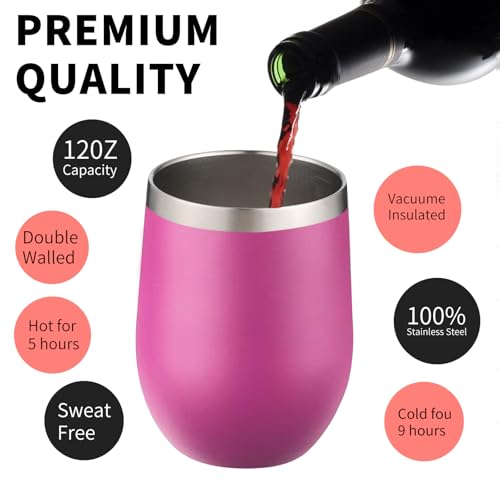 12oz 4 Pack Wine Tumbler Glasses with Lid Stemless Double Wall Vacuum Stainless Steel Travel Tumbler Keeping Cold & Hot for Wine