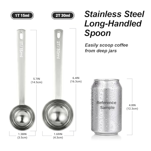 2PCS Coffee Scoop for Ground Coffee Stainless Steel Measuring Spoons Long Handle 30ml 6.4in and 15ml 5.7in Set for Deep Jars Beans Protein Powder Flour