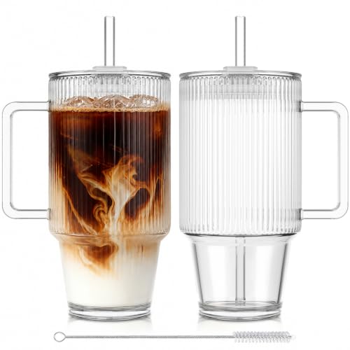 24oz Ribbed Glass Cups with Lid & Straws