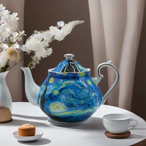 Teapot 30 oz Vangogh Paintings Bone China Loose Tea Pot Floral Design Vintage Ceramic Coffee Water Pot European Style Porcelain (30 Ounce)