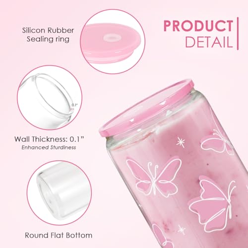 Butterfly 16 Oz Can Glass Tumbler with Acrylic Lid and Straw