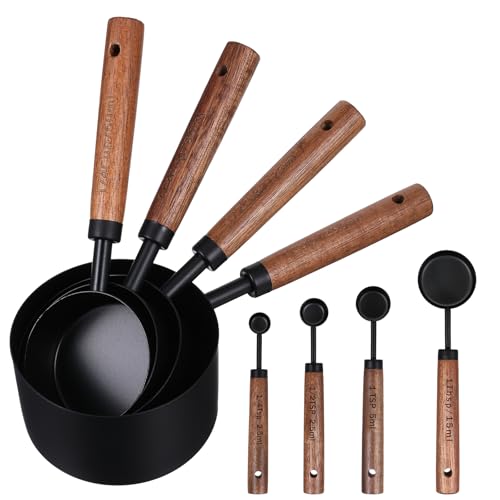 Stainless Steel Measuring Cups Set and Measuring Spoons Wooden Handle Metal Measure Cups and Spoons for Cooking and Baking