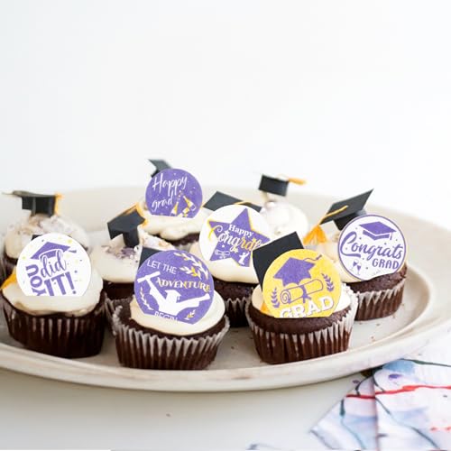 48Pcs 2026 Graduation Cupcake Toppers Wafer Paper Class of 2026 Cake Decorations Edible Congrats Grad Cupcake Picks for 2026 Graduation Theme Party Cake Supplies Gold Purple (48 Count)