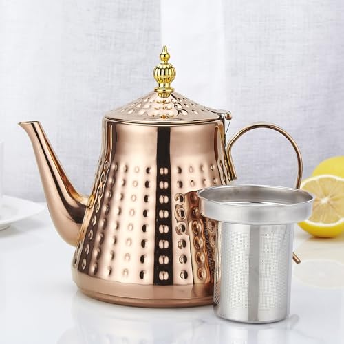 1.2L(40oz) Stainless Steel Hammer Patterned Teapot With Removeable Infuser,Loose leaf cover,Copper